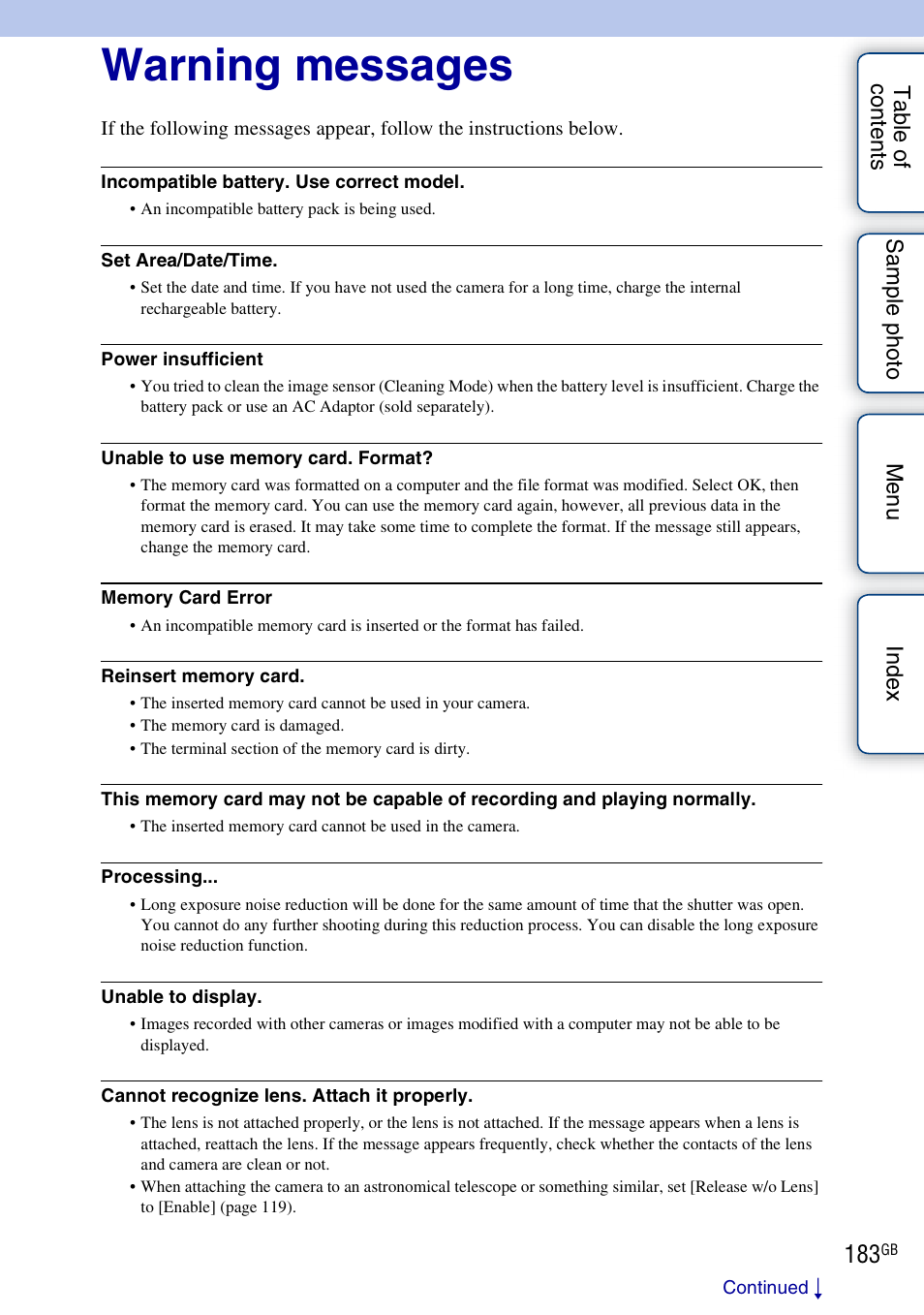 Warning messages | Sony NEX-5NK User Manual | Page 183 / 200