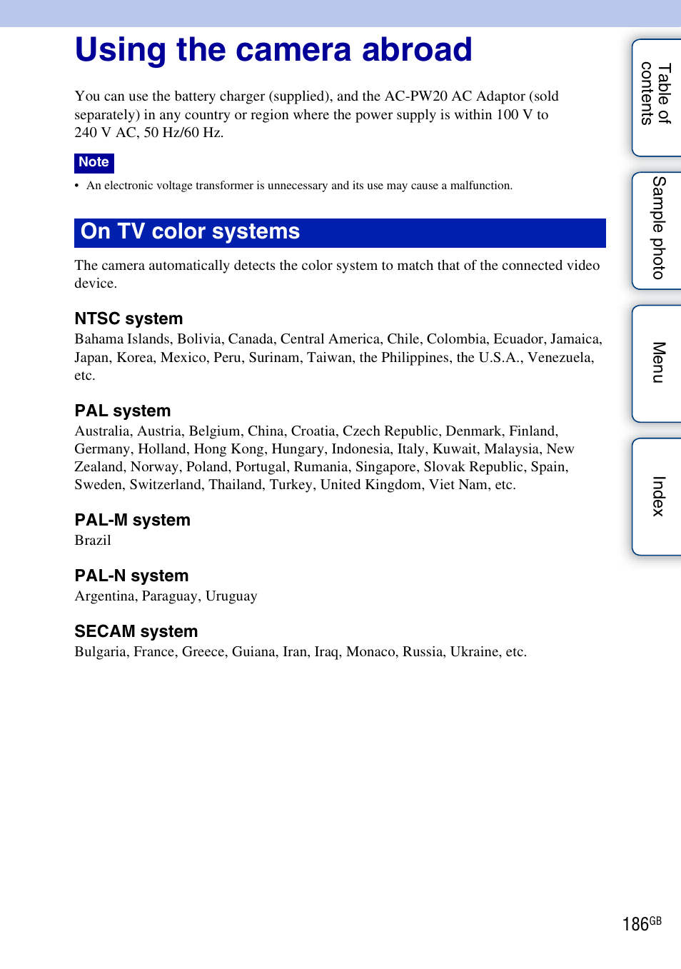 Using the camera abroad, Others, On tv color systems | Sony NEX-5NK User Manual | Page 186 / 200