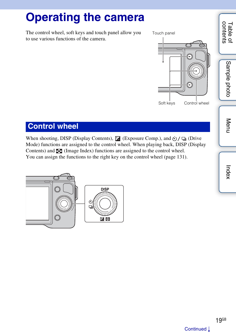 Operating the camera, Basic operations, Control wheel | Sony NEX-5NK User Manual | Page 19 / 200