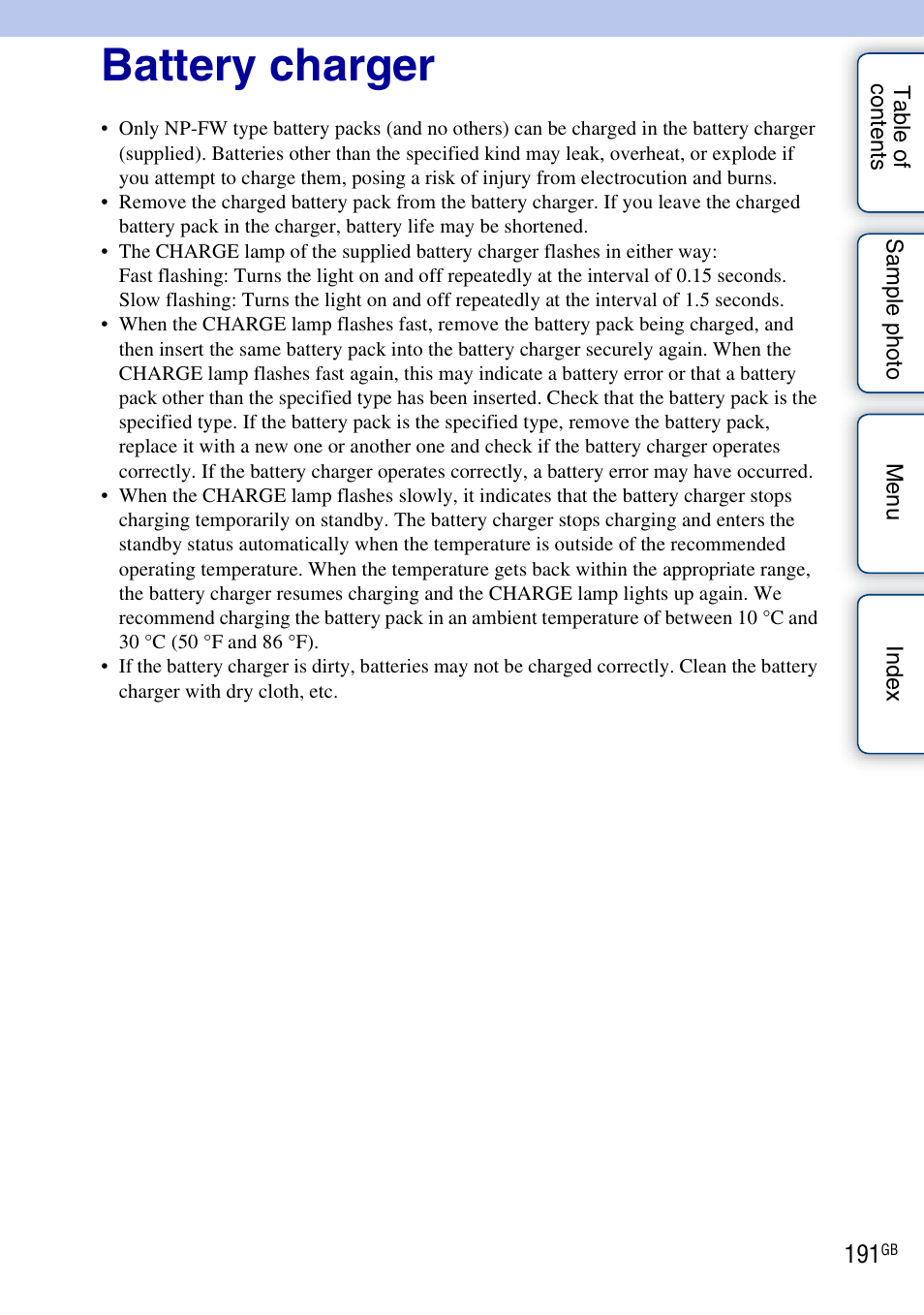 Battery charger | Sony NEX-5NK User Manual | Page 191 / 200