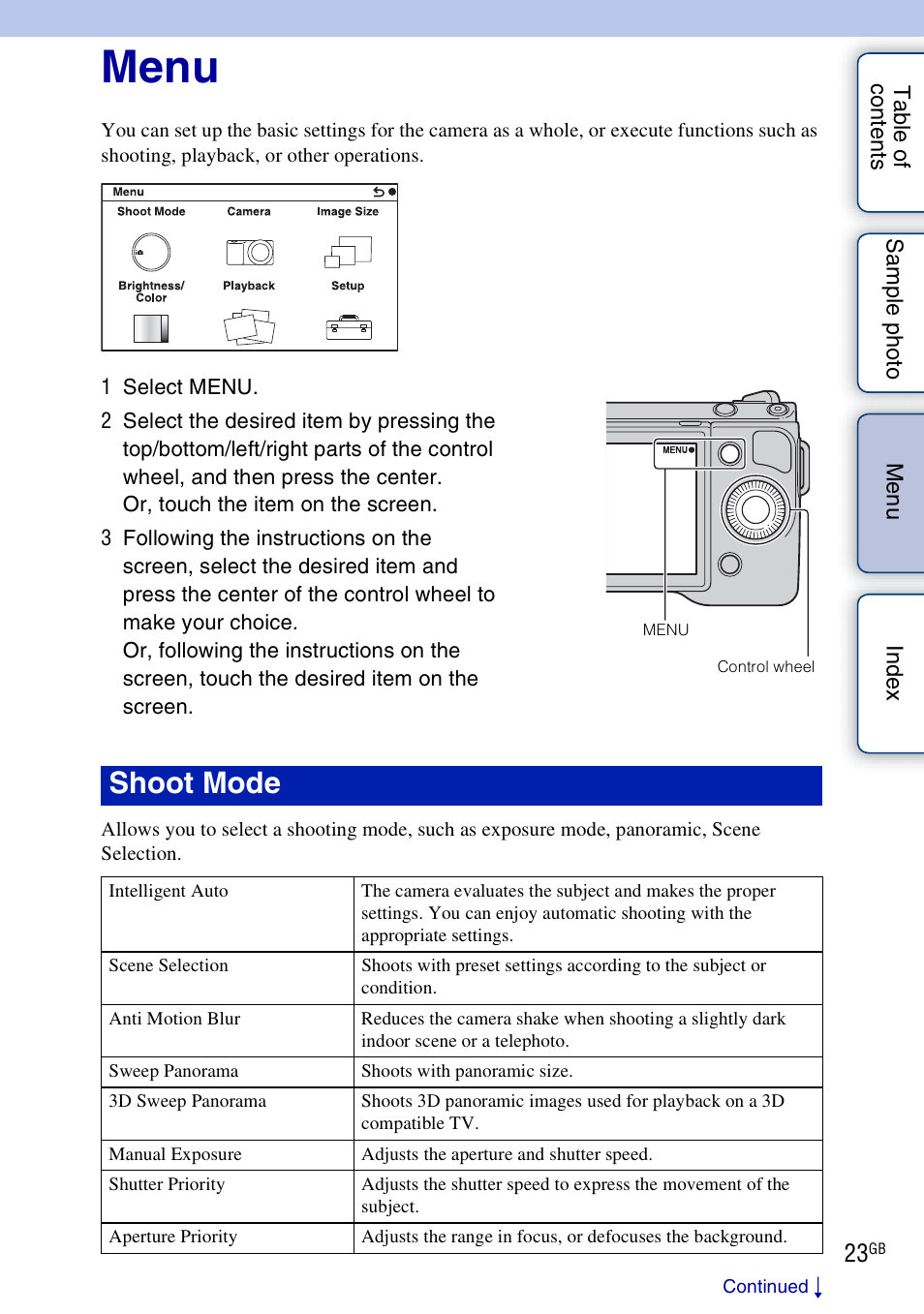 Menu, Using functions in the menu, Shoot mode | Sony NEX-5NK User Manual | Page 23 / 200