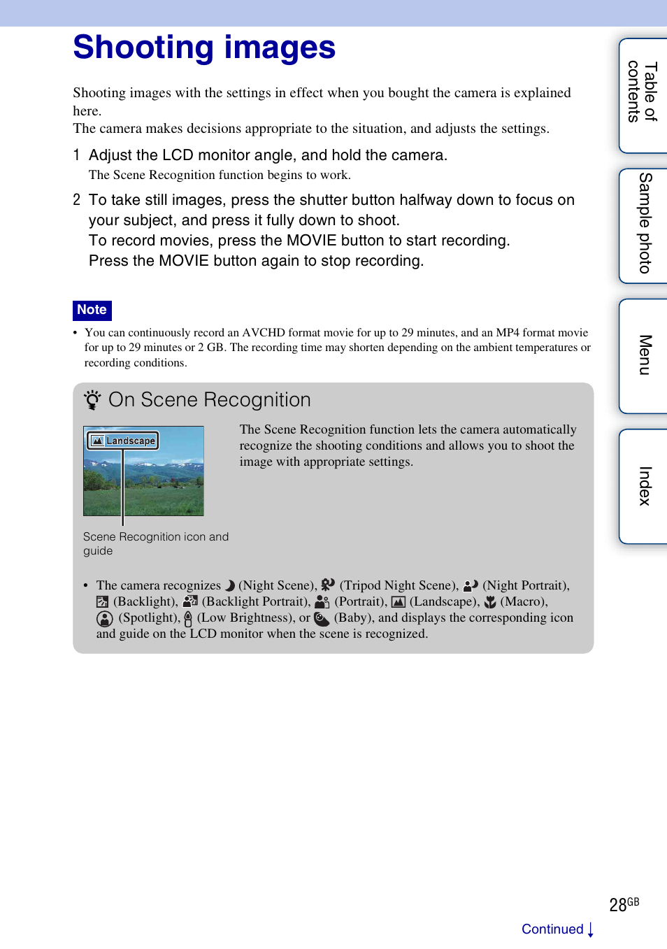 Shooting images, On scene recognition | Sony NEX-5NK User Manual | Page 28 / 200