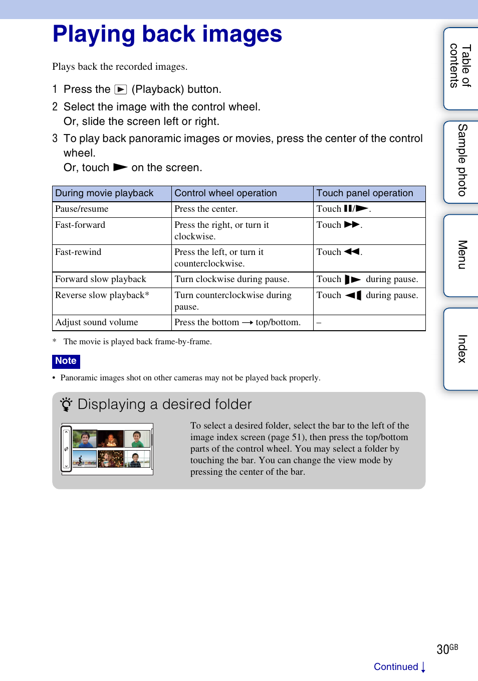 Playing back images, Displaying a desired folder | Sony NEX-5NK User Manual | Page 30 / 200