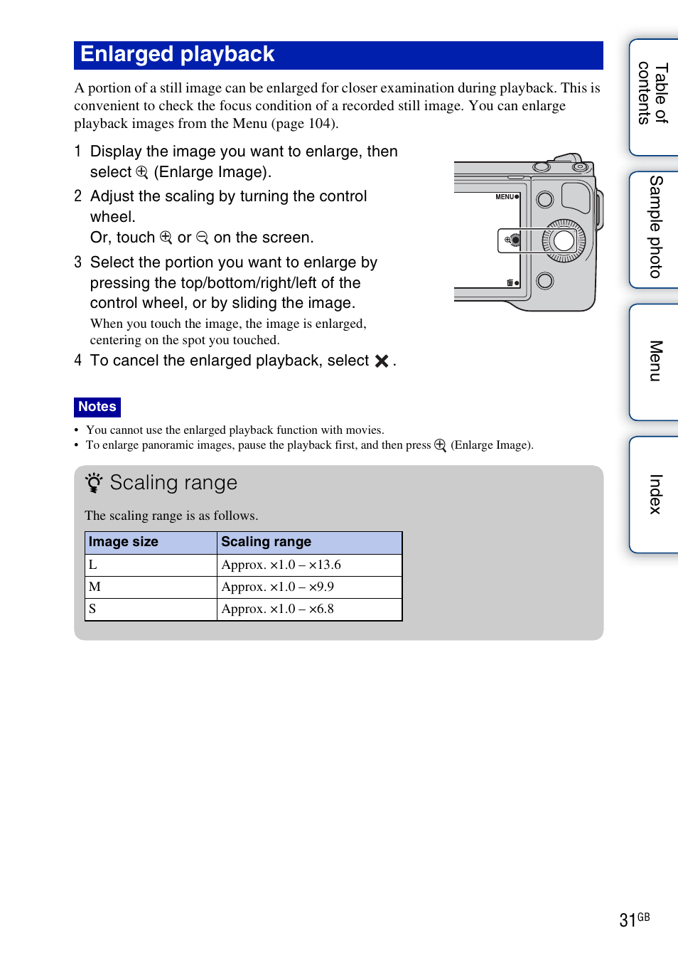 Enlarged playback, Scaling range | Sony NEX-5NK User Manual | Page 31 / 200