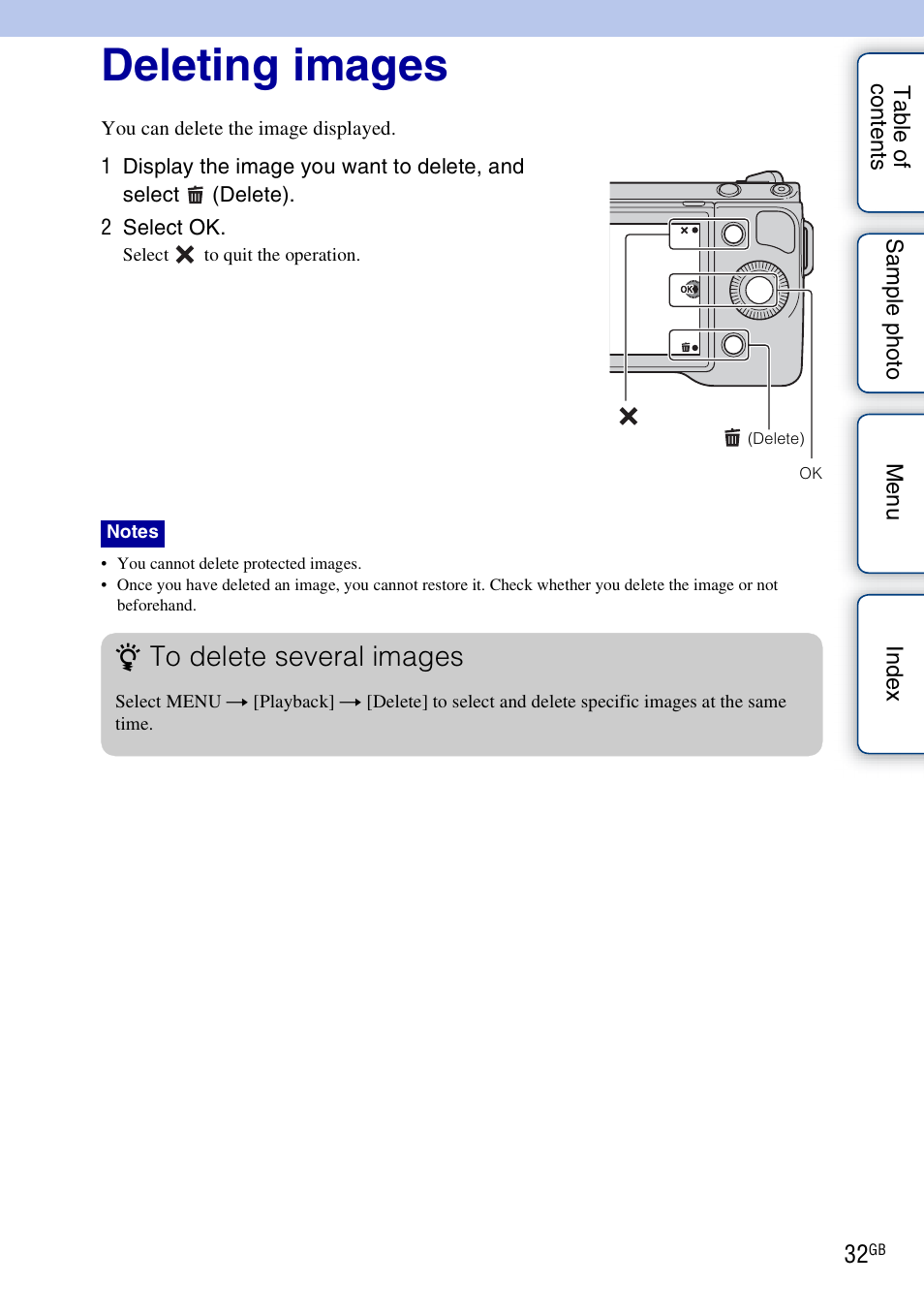 Deleting images | Sony NEX-5NK User Manual | Page 32 / 200