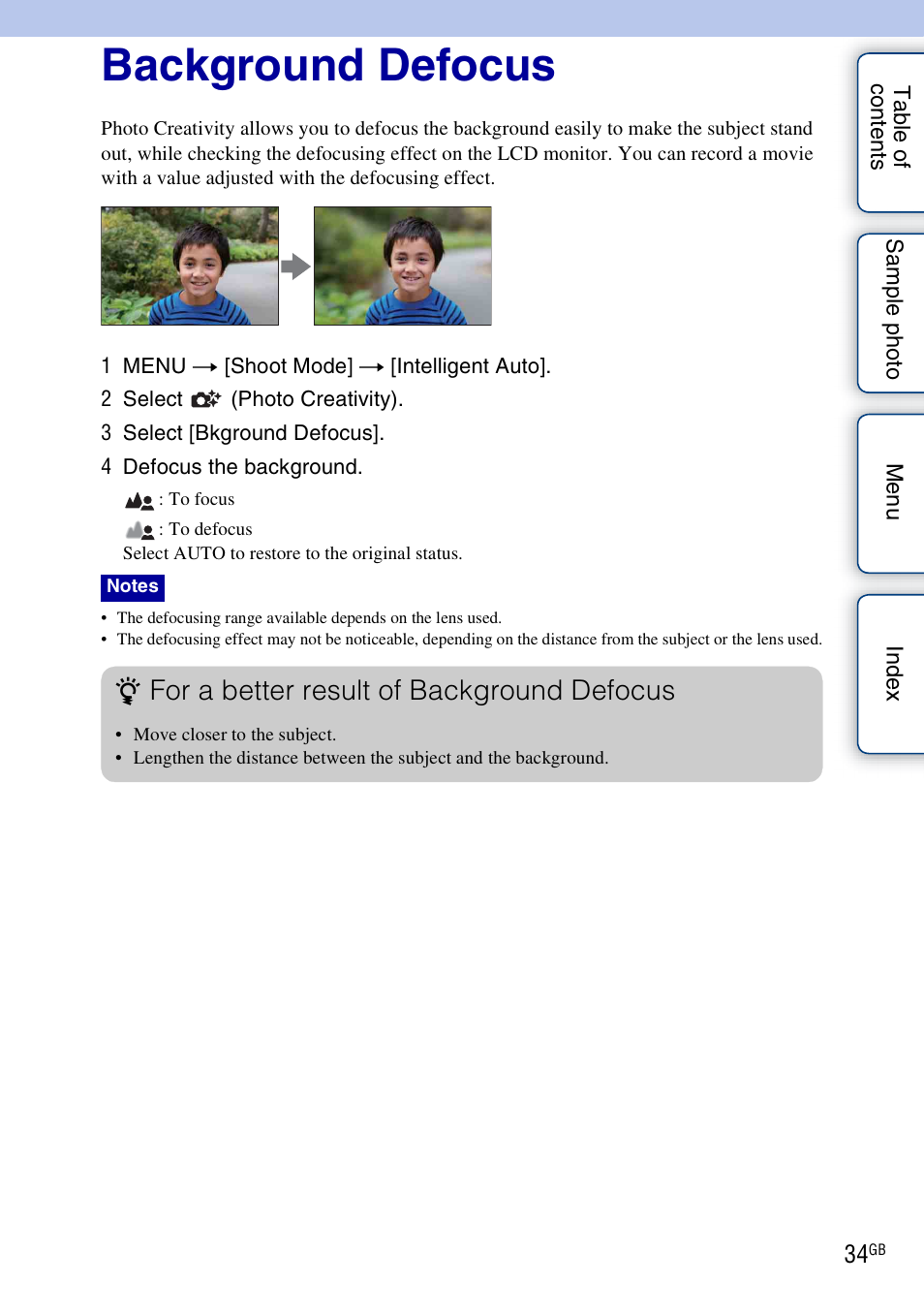 Background defocus, For a better result of background defocus | Sony NEX-5NK User Manual | Page 34 / 200