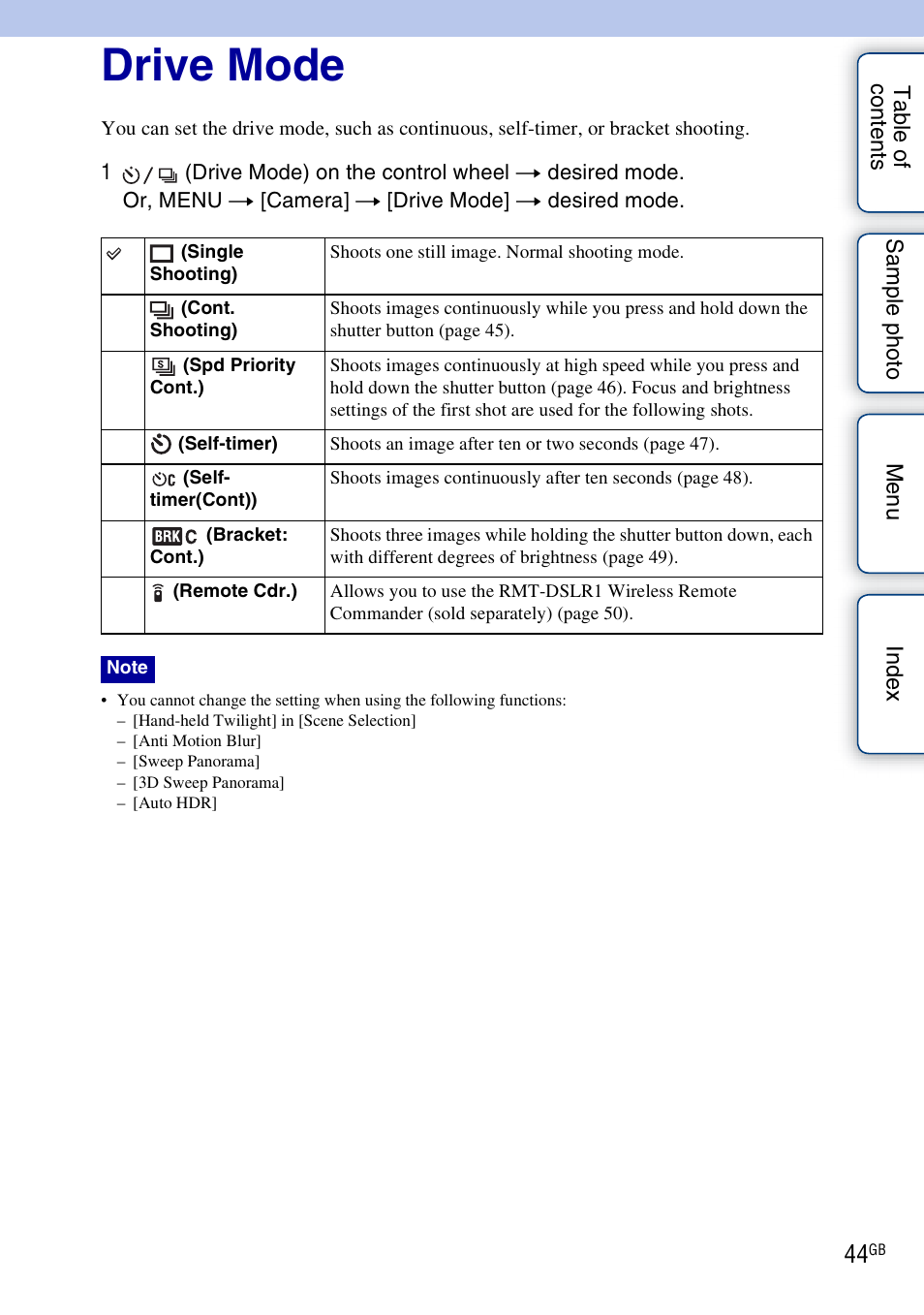 Drive mode | Sony NEX-5NK User Manual | Page 44 / 200