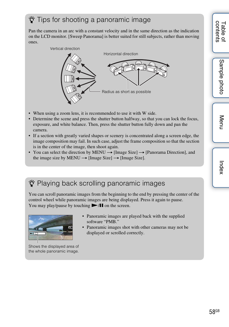 Tips for shooting a panoramic image, Playing back scrolling panoramic images | Sony NEX-5NK User Manual | Page 58 / 200