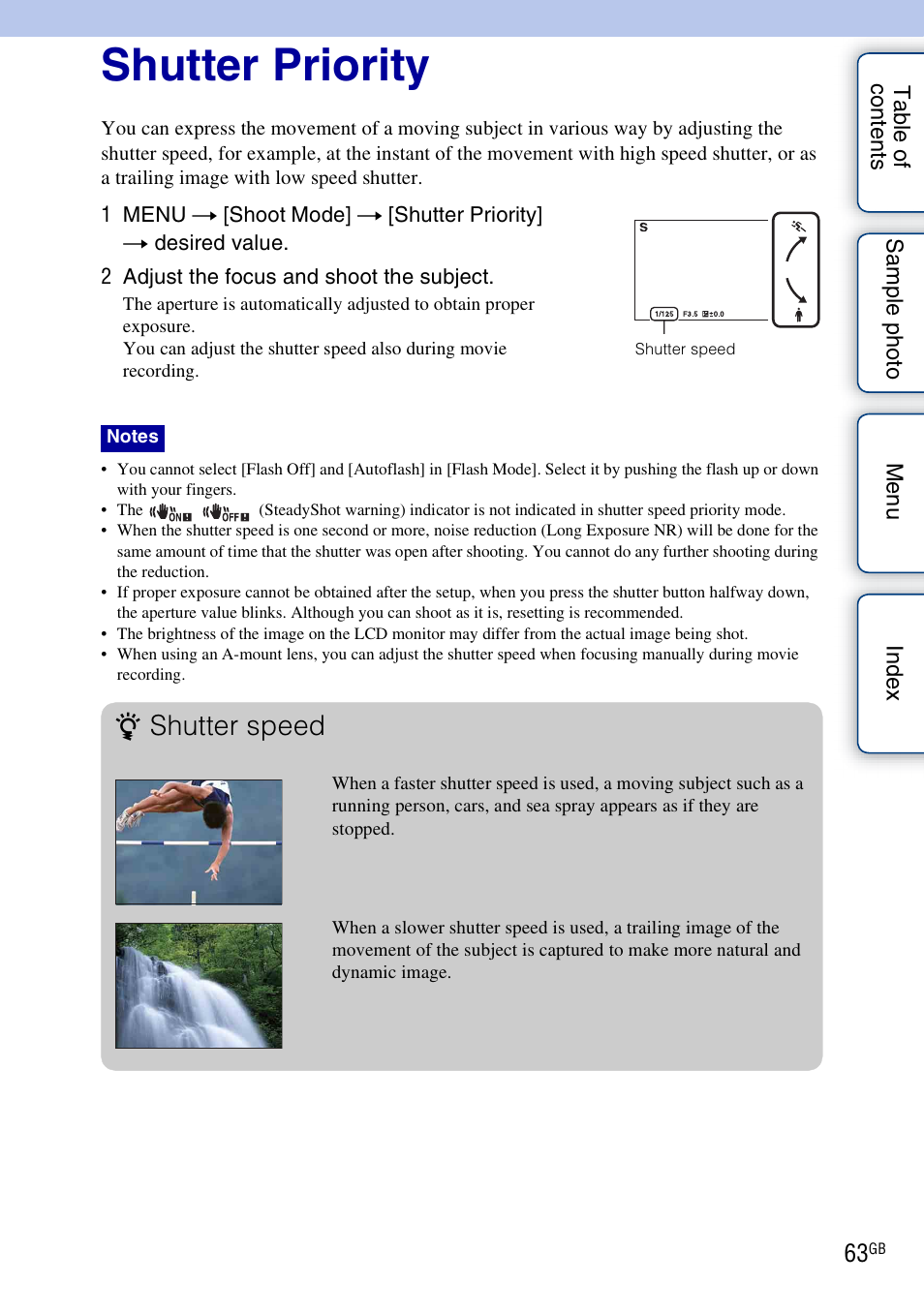 Shutter priority, Shutter speed | Sony NEX-5NK User Manual | Page 63 / 200