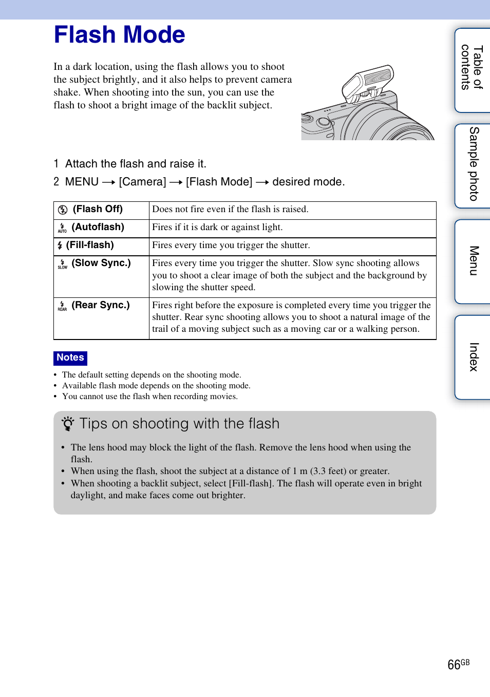 Flash mode, Nd (66, Tips on shooting with the flash | Sony NEX-5NK User Manual | Page 66 / 200