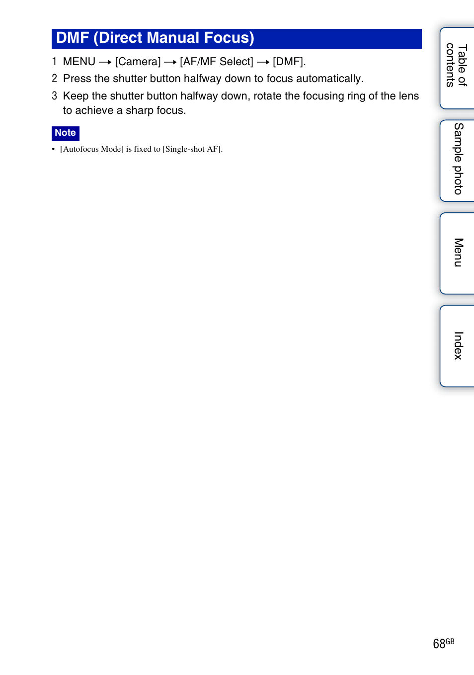 Dmf (direct manual focus) | Sony NEX-5NK User Manual | Page 68 / 200