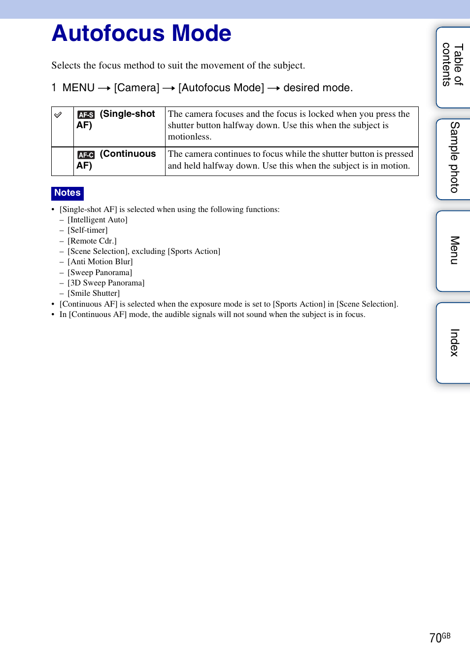 Autofocus mode | Sony NEX-5NK User Manual | Page 70 / 200