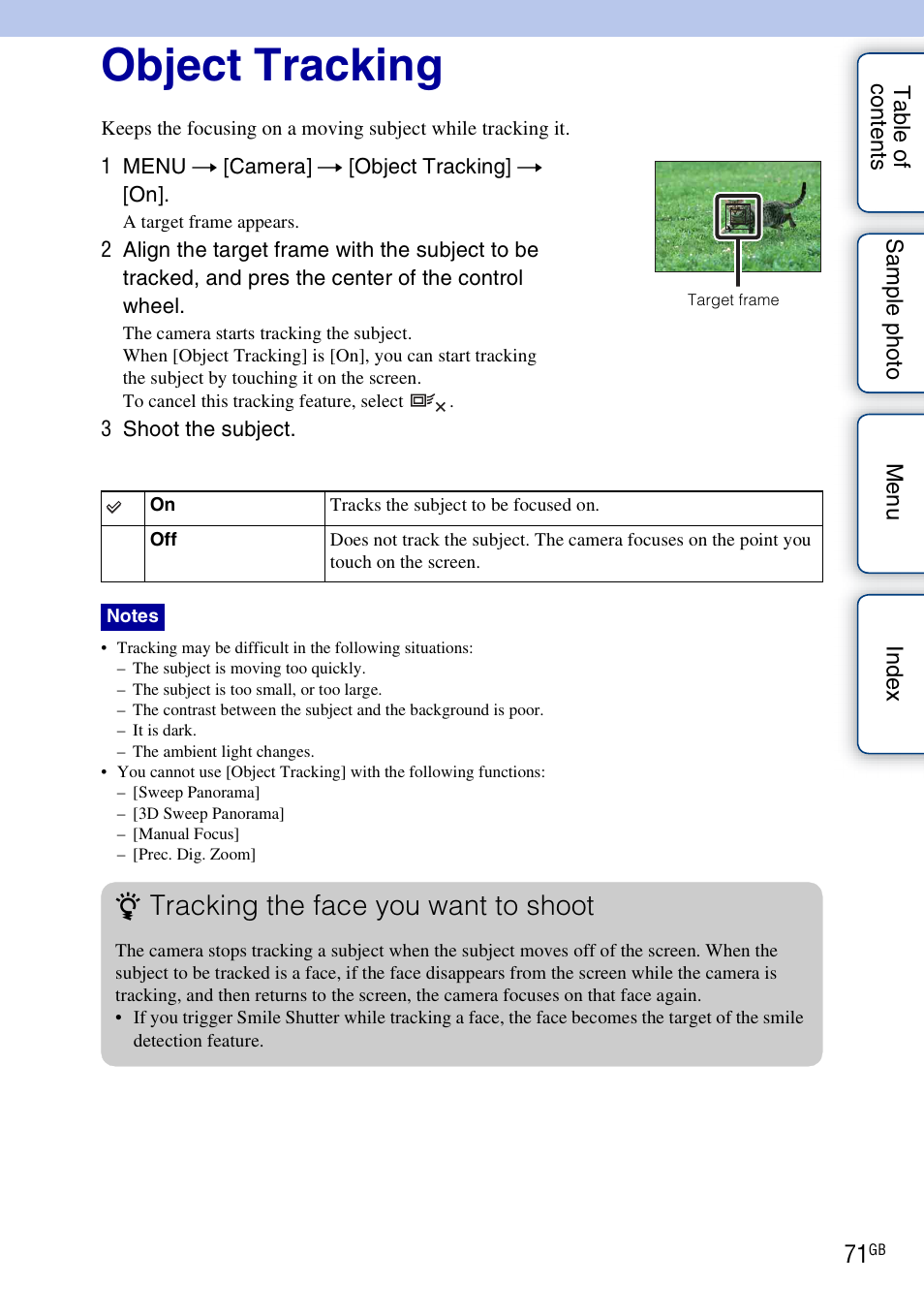 Object tracking, Tracking the face you want to shoot | Sony NEX-5NK User Manual | Page 71 / 200