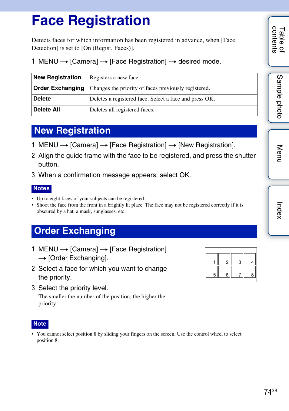 Face registration, New registration, Order exchanging | Sony NEX-5NK User Manual | Page 74 / 200