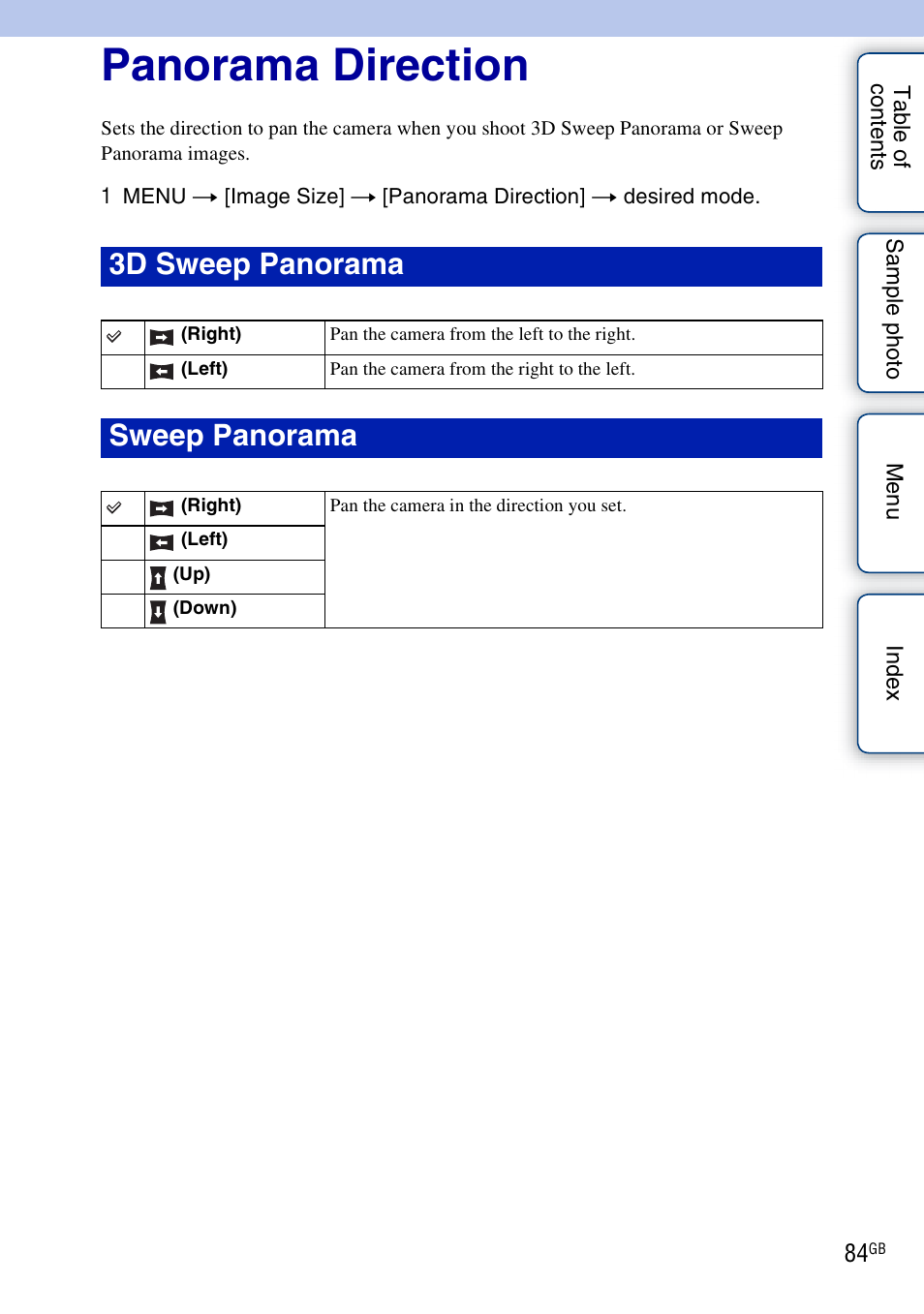 Panorama direction, 3d sweep panorama, Sweep panorama | Sony NEX-5NK User Manual | Page 84 / 200