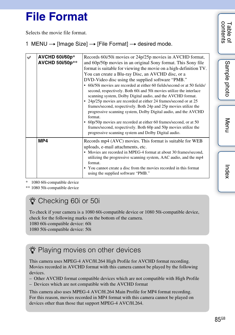 File format, Checking 60i or 50i, Playing movies on other devices | Sony NEX-5NK User Manual | Page 85 / 200