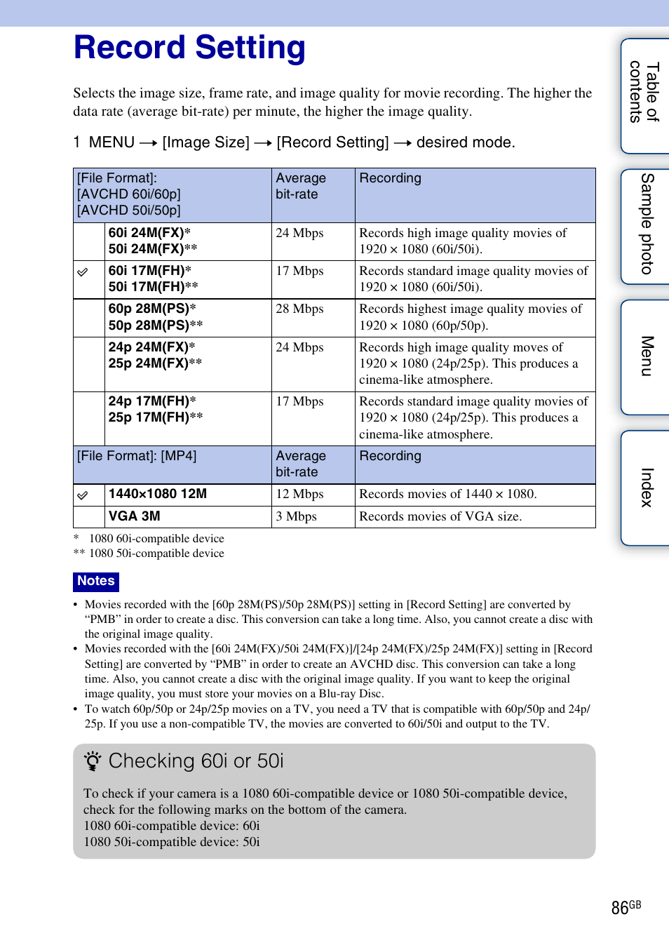 Record setting, Checking 60i or 50i | Sony NEX-5NK User Manual | Page 86 / 200