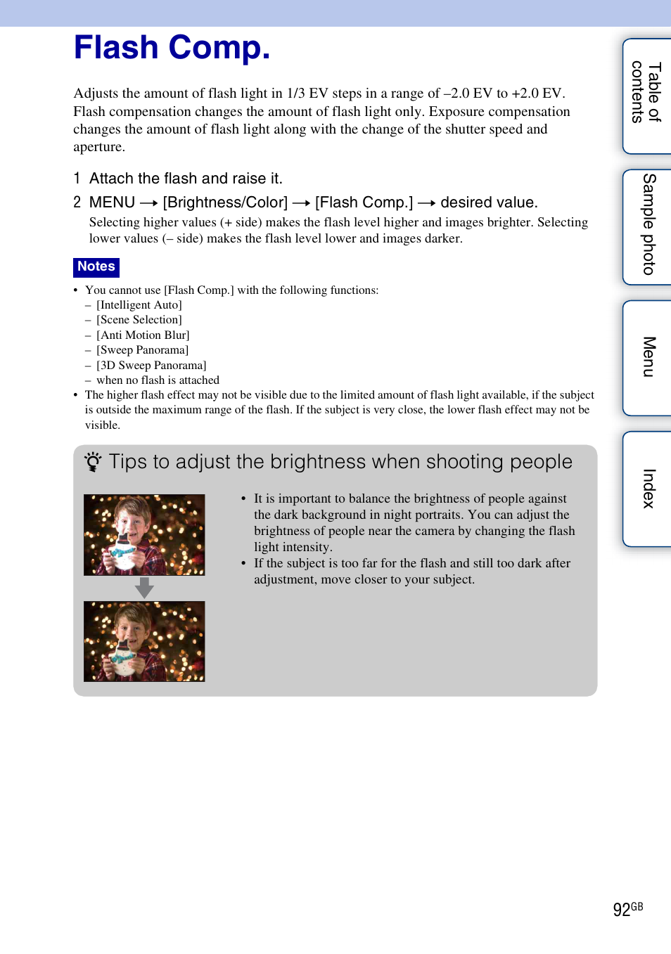 Flash comp, Tips to adjust the brightness when shooting people | Sony NEX-5NK User Manual | Page 92 / 200