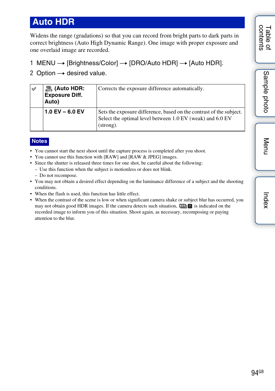 Auto hdr | Sony NEX-5NK User Manual | Page 94 / 200