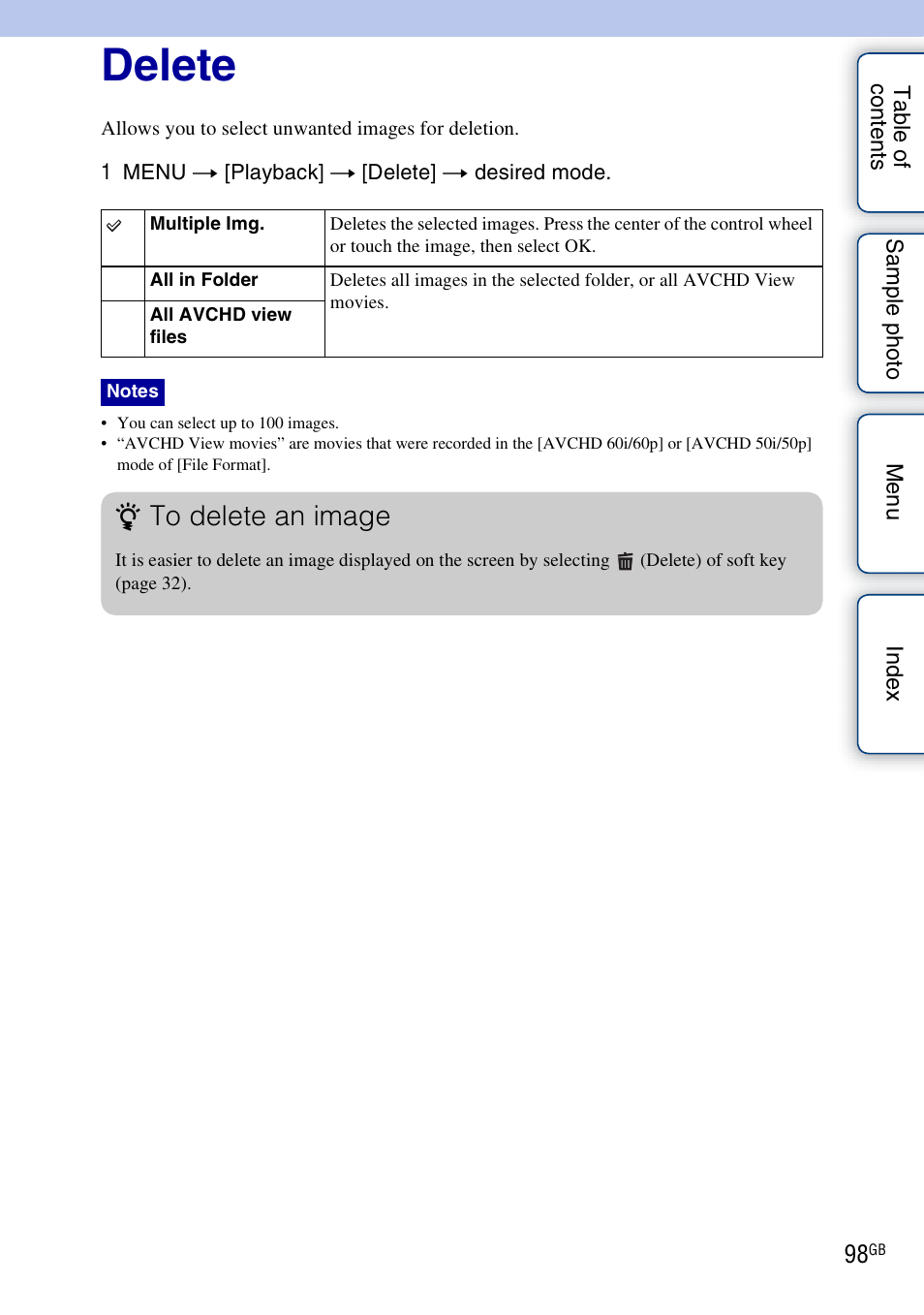 Delete | Sony NEX-5NK User Manual | Page 98 / 200