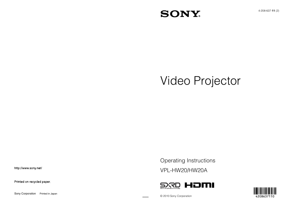 Sony VPL-HW20A User Manual | 83 pages