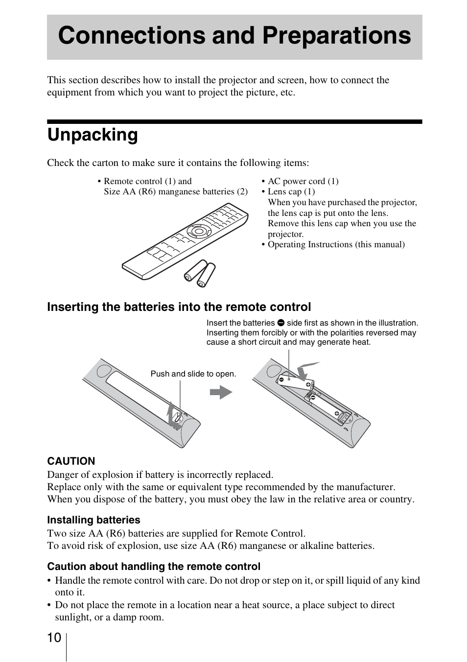 Connections and preparations, Unpacking | Sony VPL-HW20A User Manual | Page 10 / 83