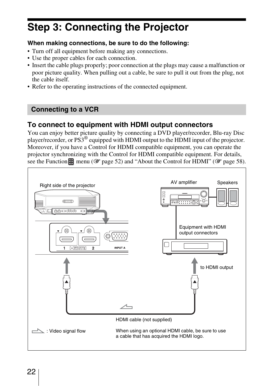 Step 3: connecting the projector, Connecting to a vcr | Sony VPL-HW20A User Manual | Page 22 / 83