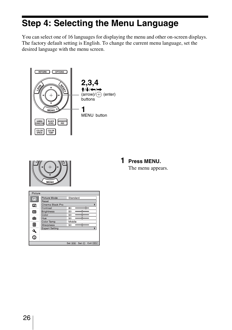 Step 4: selecting the menu language | Sony VPL-HW20A User Manual | Page 26 / 83