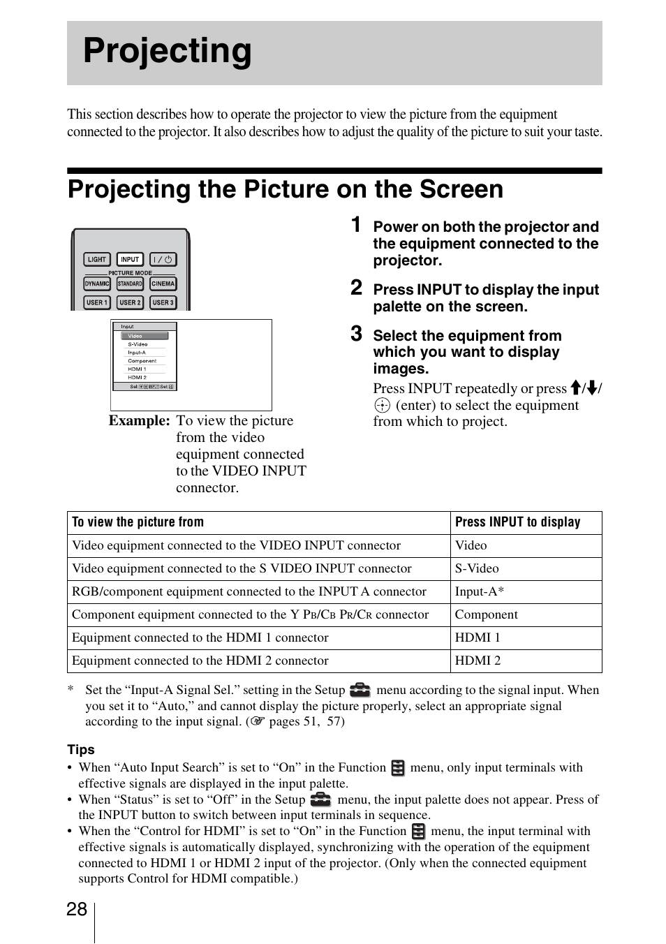 Projecting, Projecting the picture on the screen | Sony VPL-HW20A User Manual | Page 28 / 83