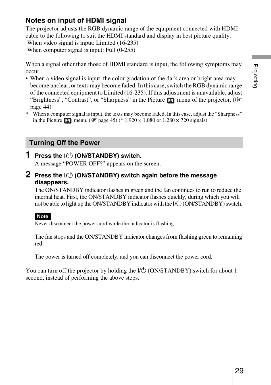 Turning off the power | Sony VPL-HW20A User Manual | Page 29 / 83