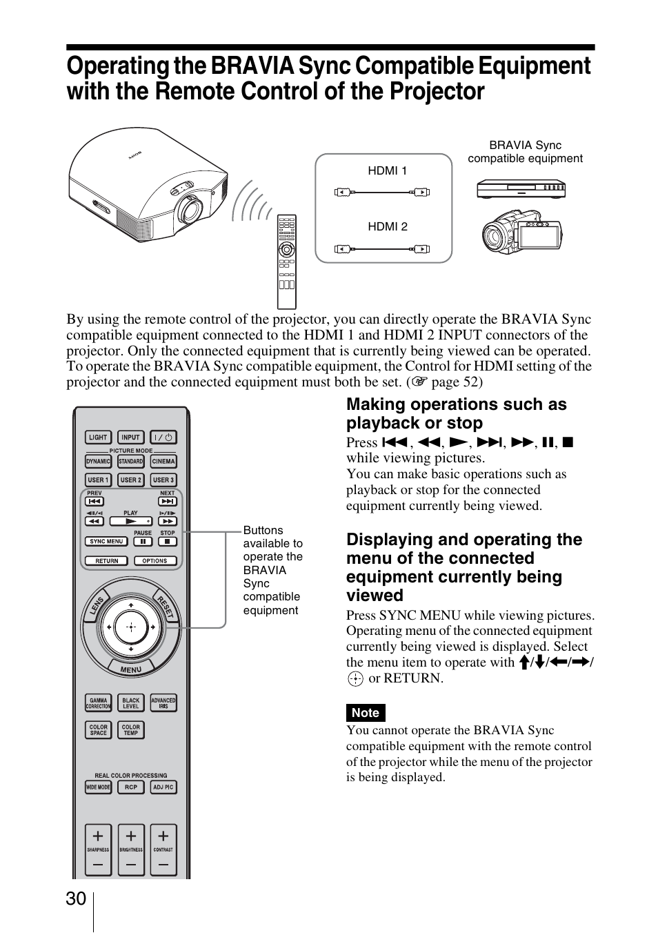 Making operations such as playback or stop | Sony VPL-HW20A User Manual | Page 30 / 83