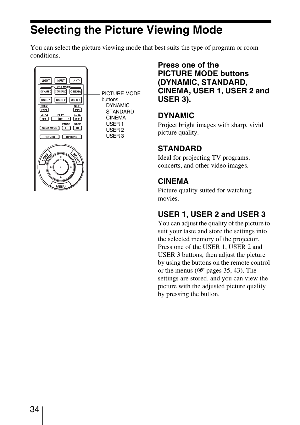 Selecting the picture viewing mode | Sony VPL-HW20A User Manual | Page 34 / 83