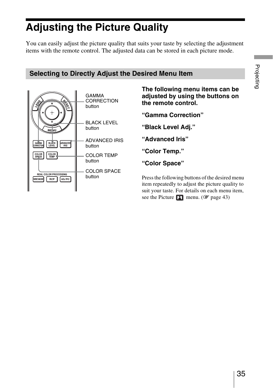 Adjusting the picture quality, Selecting to directly adjust the desired menu item | Sony VPL-HW20A User Manual | Page 35 / 83