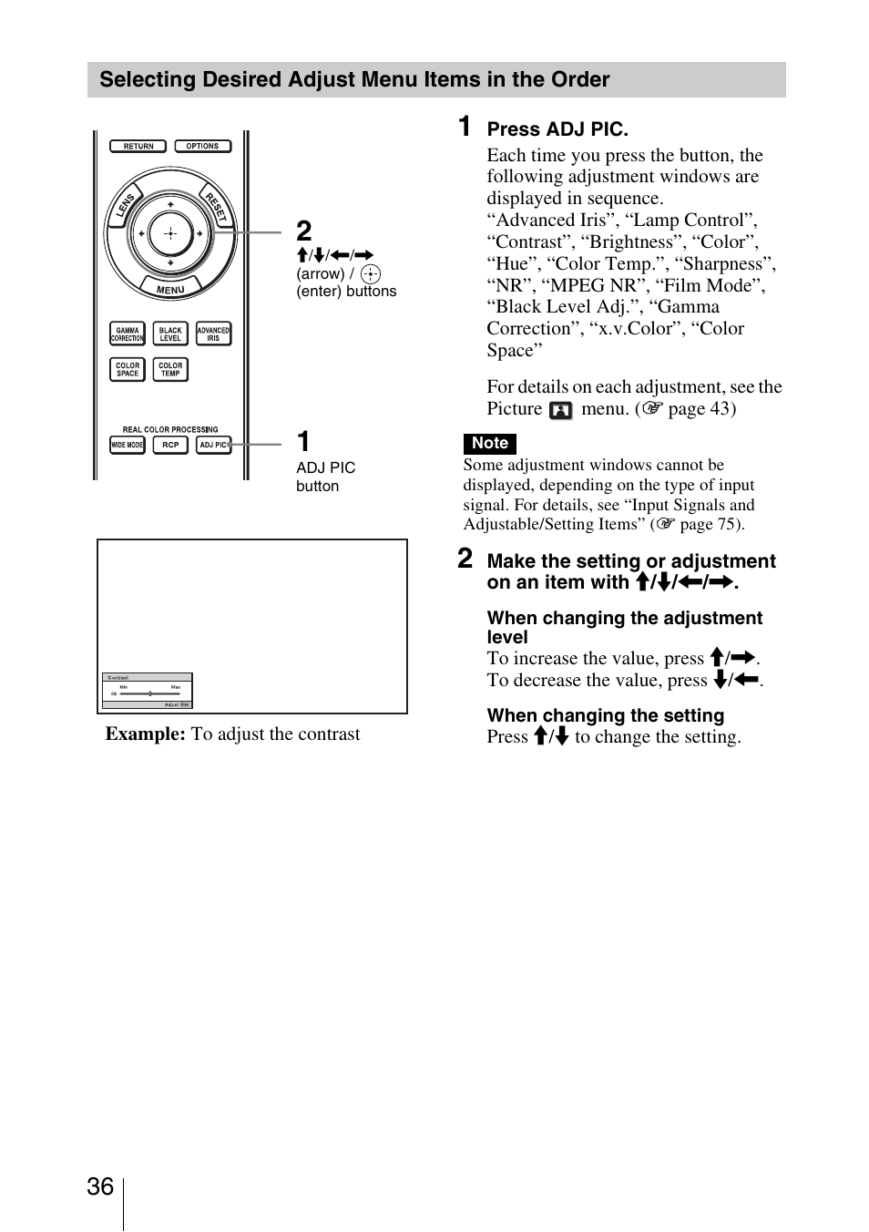 Selecting desired adjust menu items in the order | Sony VPL-HW20A User Manual | Page 36 / 83