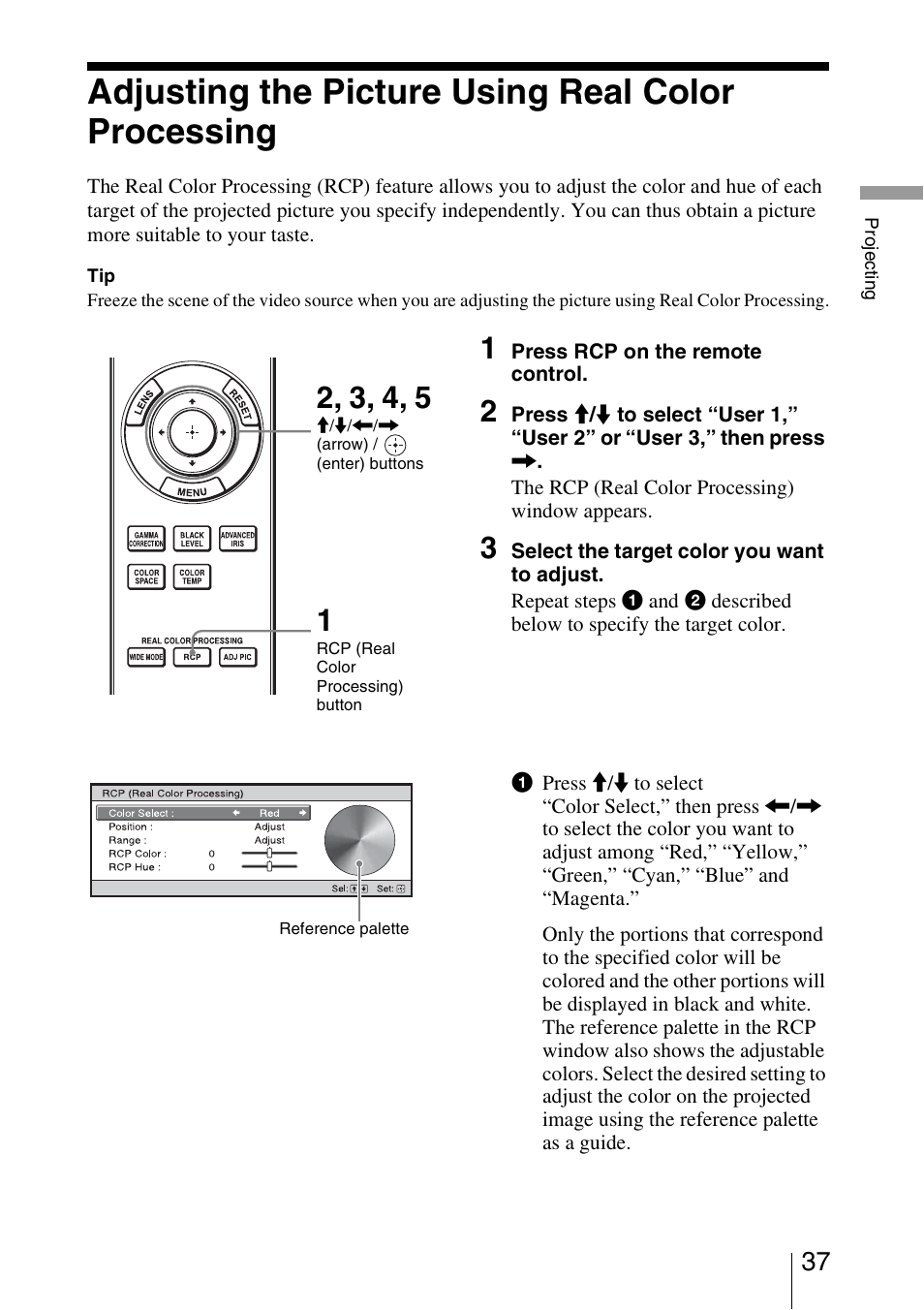 Adjusting the picture using real color processing | Sony VPL-HW20A User Manual | Page 37 / 83