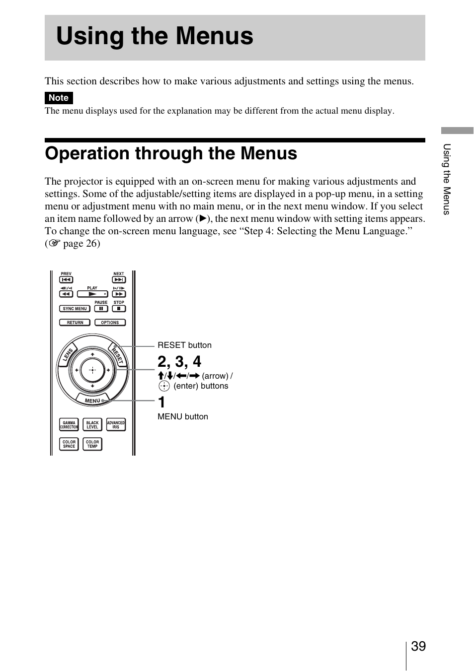 Using the menus, Operation through the menus | Sony VPL-HW20A User Manual | Page 39 / 83