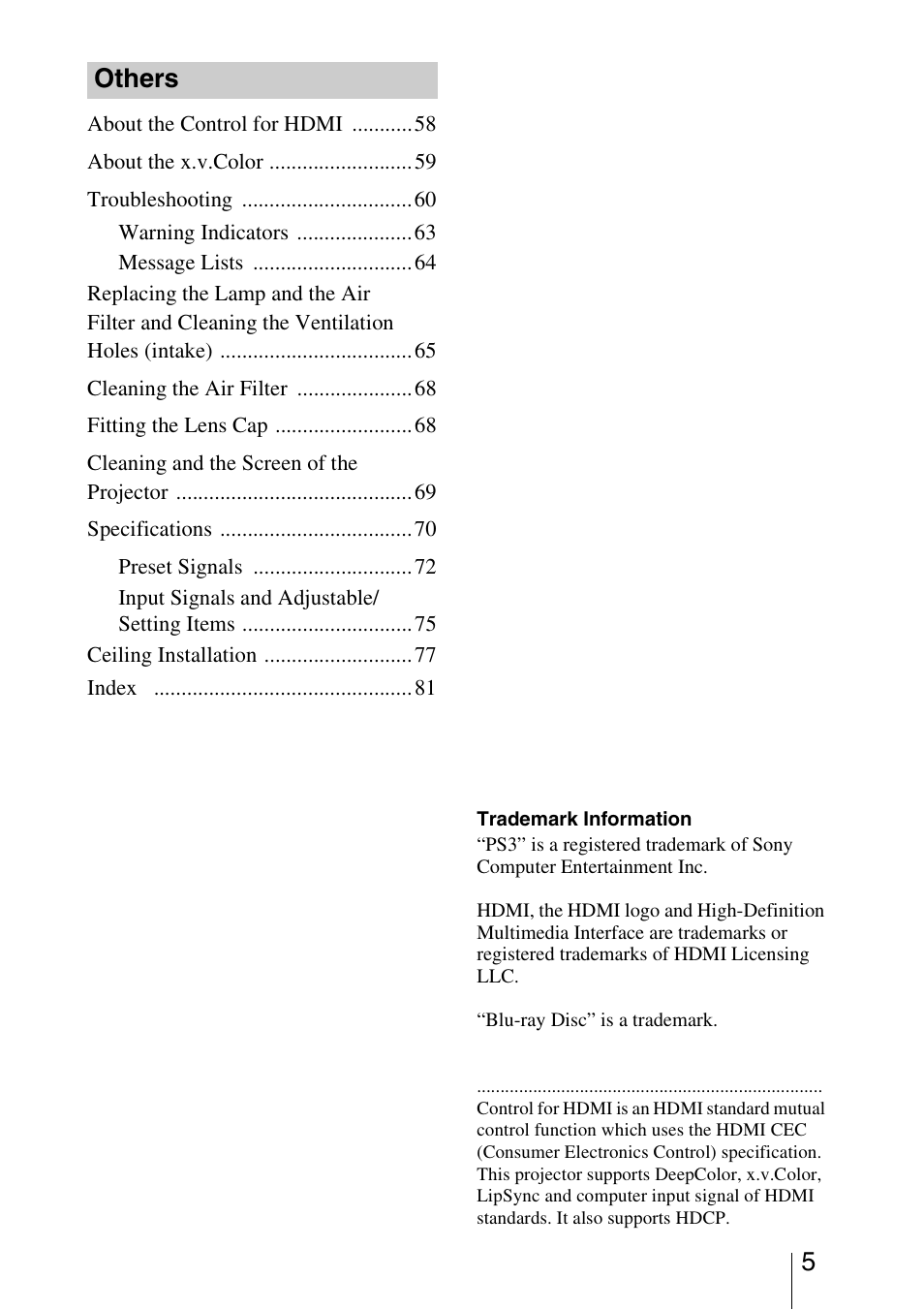 Others | Sony VPL-HW20A User Manual | Page 5 / 83