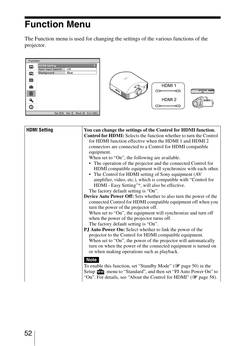 Function menu | Sony VPL-HW20A User Manual | Page 52 / 83