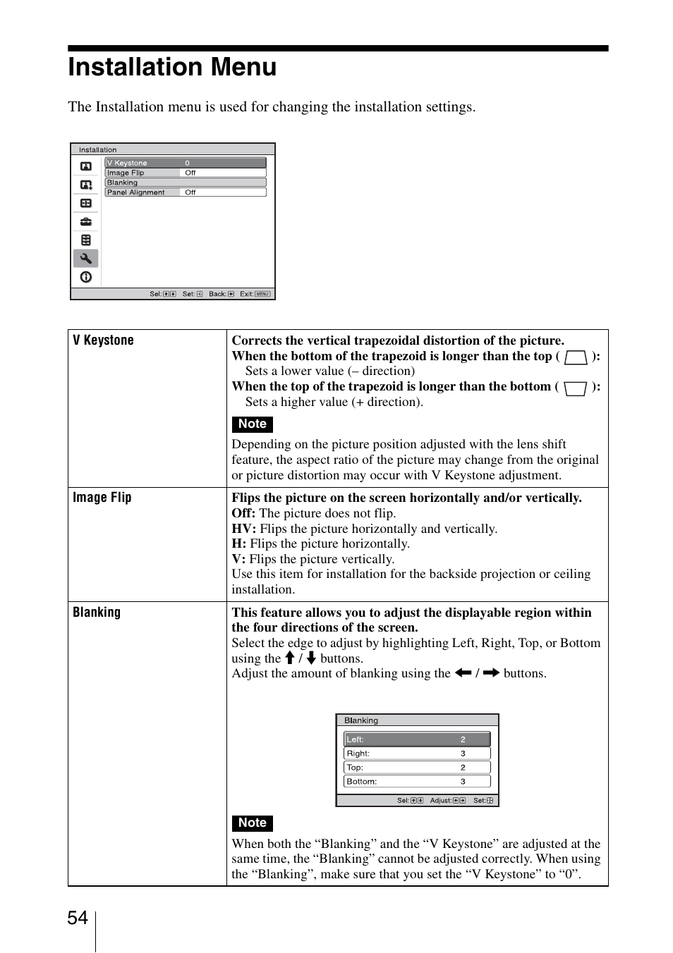 Installation menu | Sony VPL-HW20A User Manual | Page 54 / 83