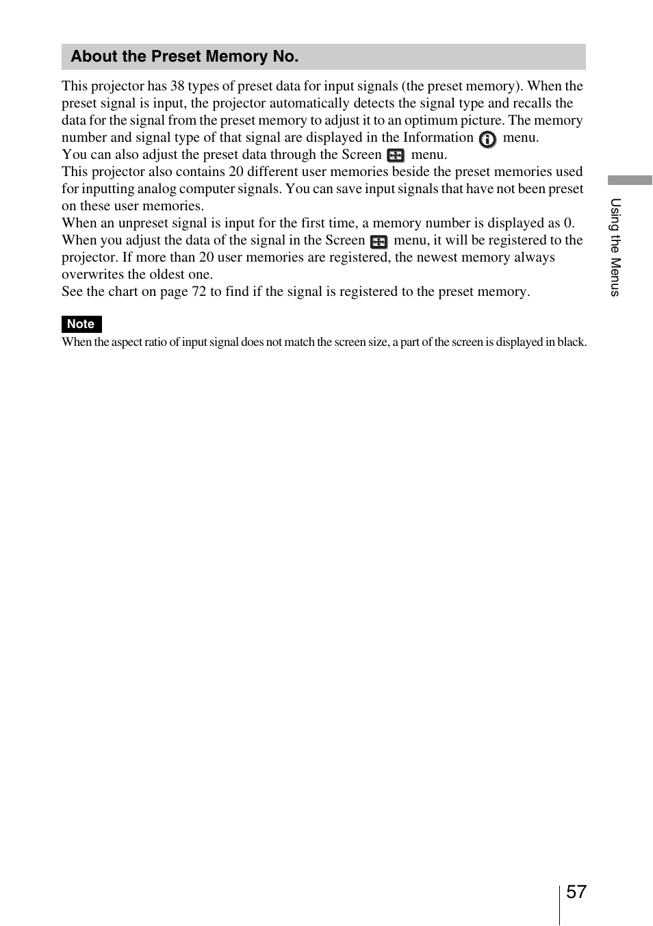 About the preset memory no | Sony VPL-HW20A User Manual | Page 57 / 83