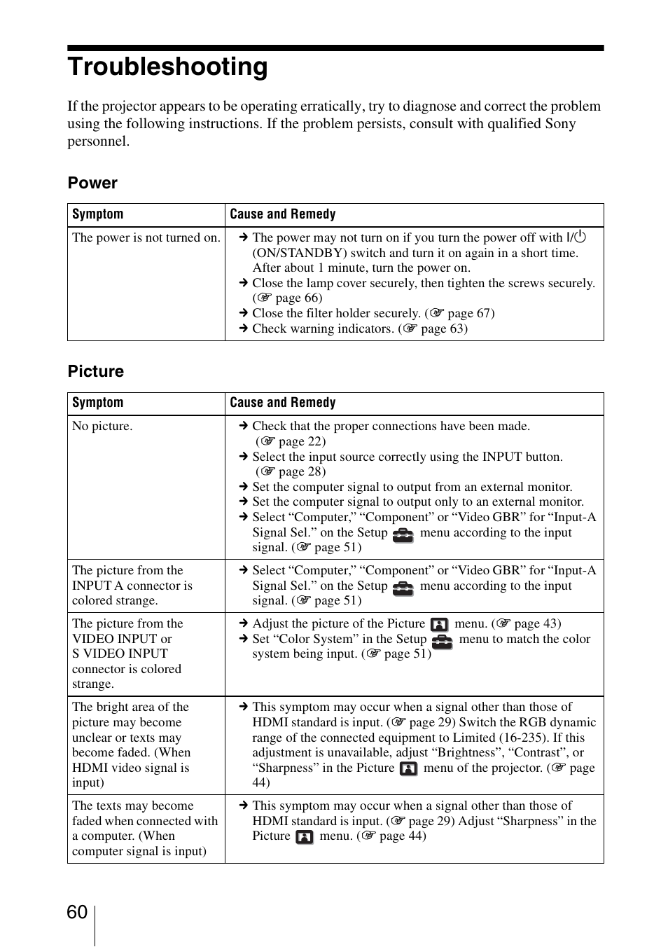 Troubleshooting, Power picture | Sony VPL-HW20A User Manual | Page 60 / 83