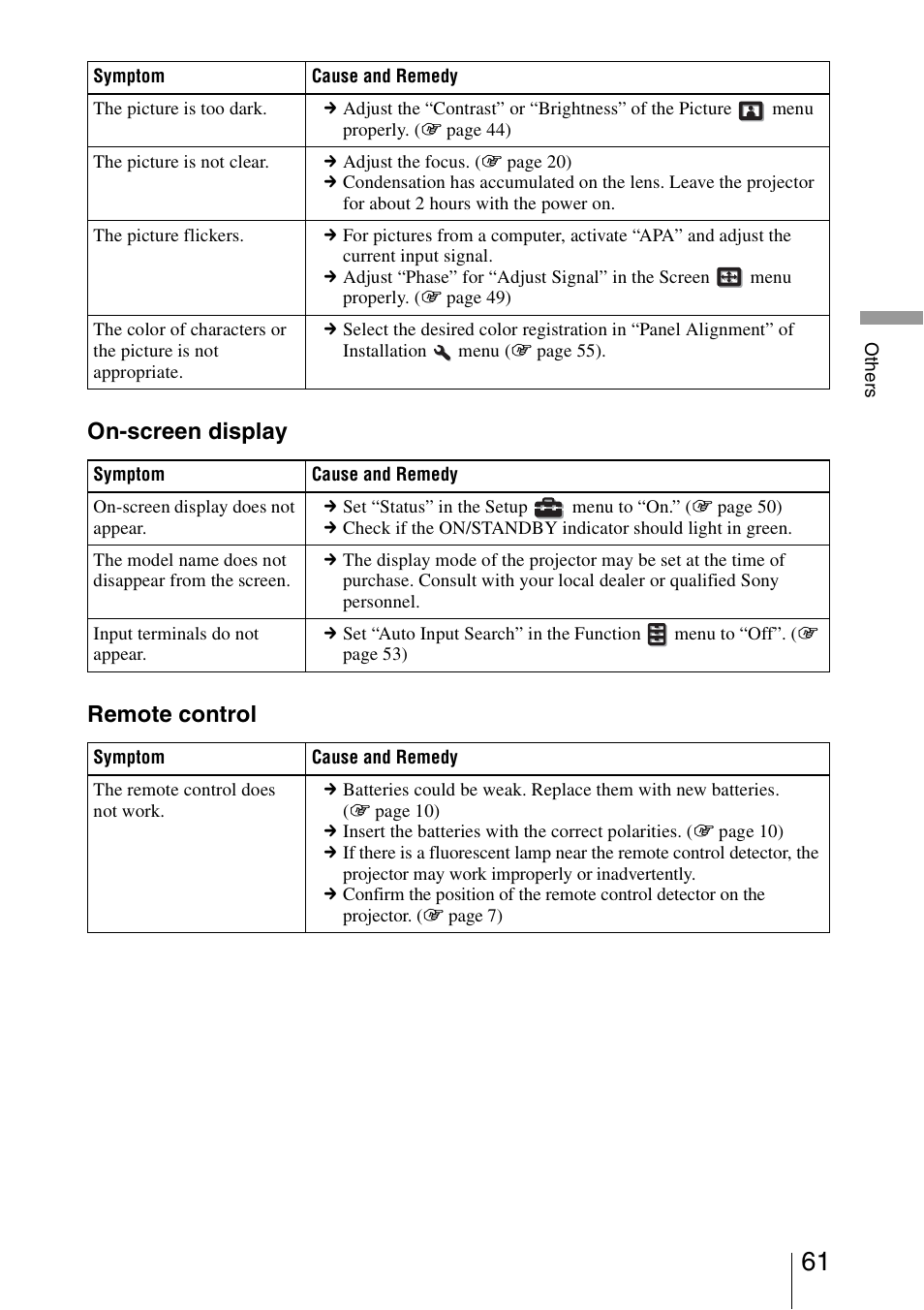 On-screen display remote control | Sony VPL-HW20A User Manual | Page 61 / 83