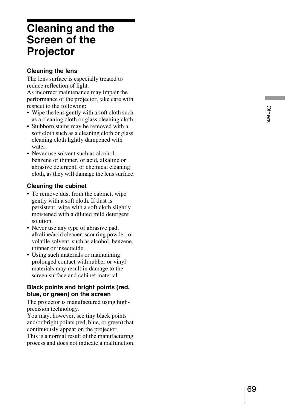 Cleaning and the screen of the projector | Sony VPL-HW20A User Manual | Page 69 / 83