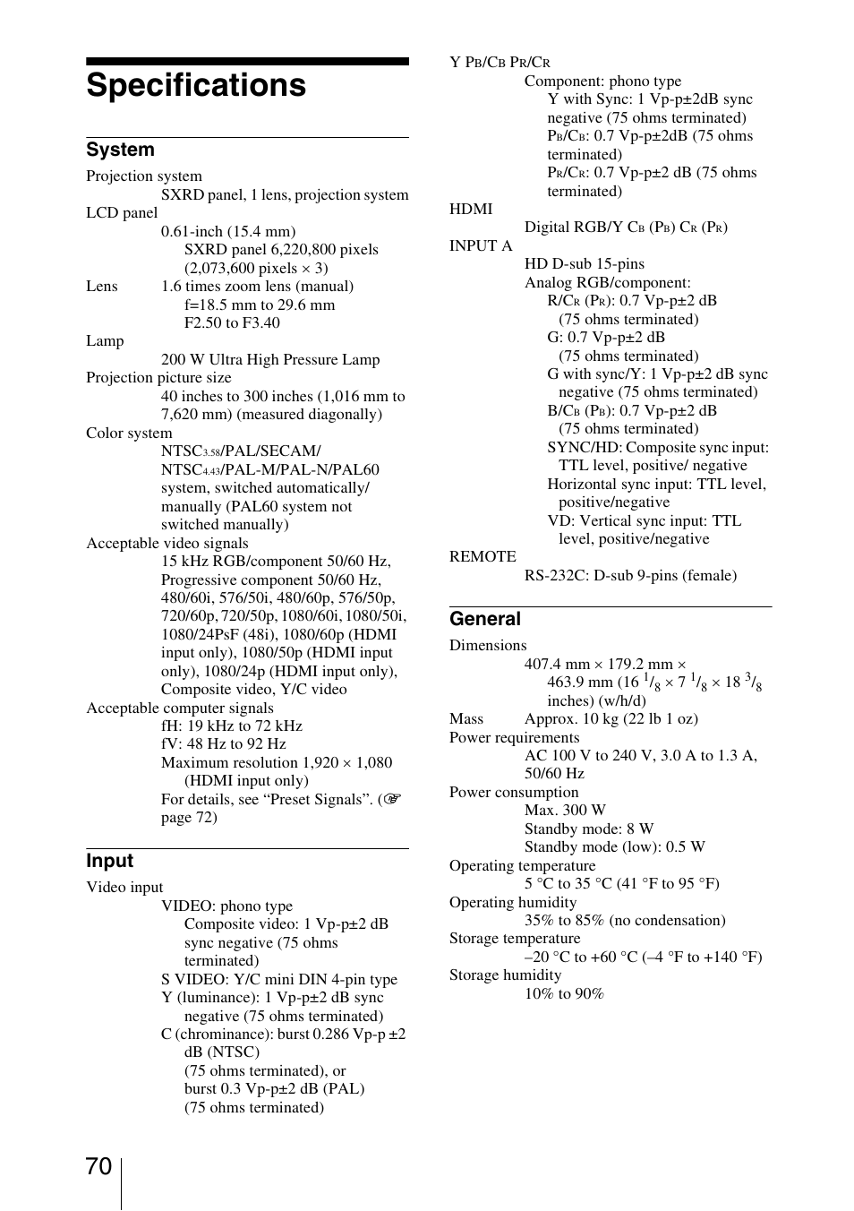 Specifications, System, Input | General | Sony VPL-HW20A User Manual | Page 70 / 83