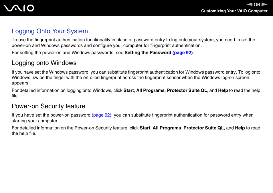 Logging onto your system, Logging onto windows, Power-on security feature | Sony VGN-CR220E User Manual | Page 104 / 197