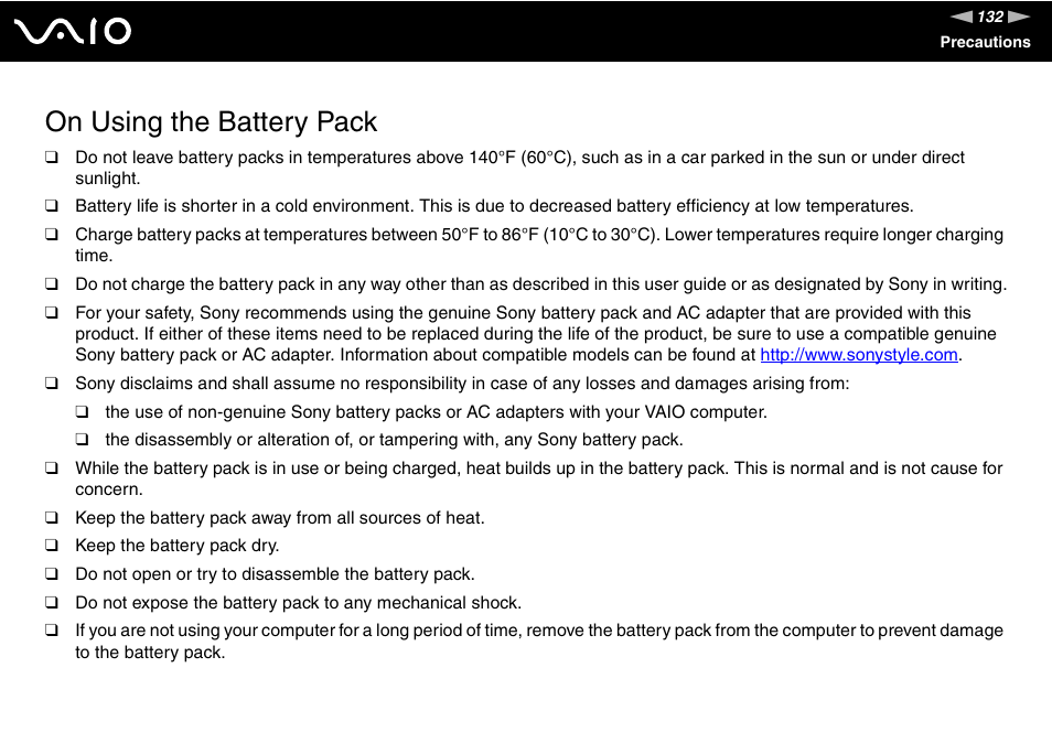 On using the battery pack | Sony VGN-CR220E User Manual | Page 132 / 197