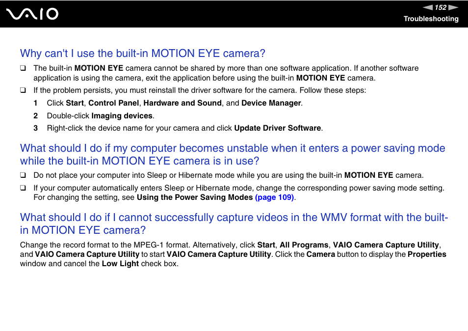 Why can't i use the built-in motion eye camera | Sony VGN-CR220E User Manual | Page 152 / 197