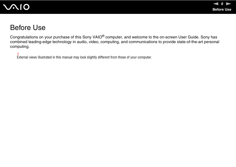 Before use | Sony VGN-CR220E User Manual | Page 6 / 197