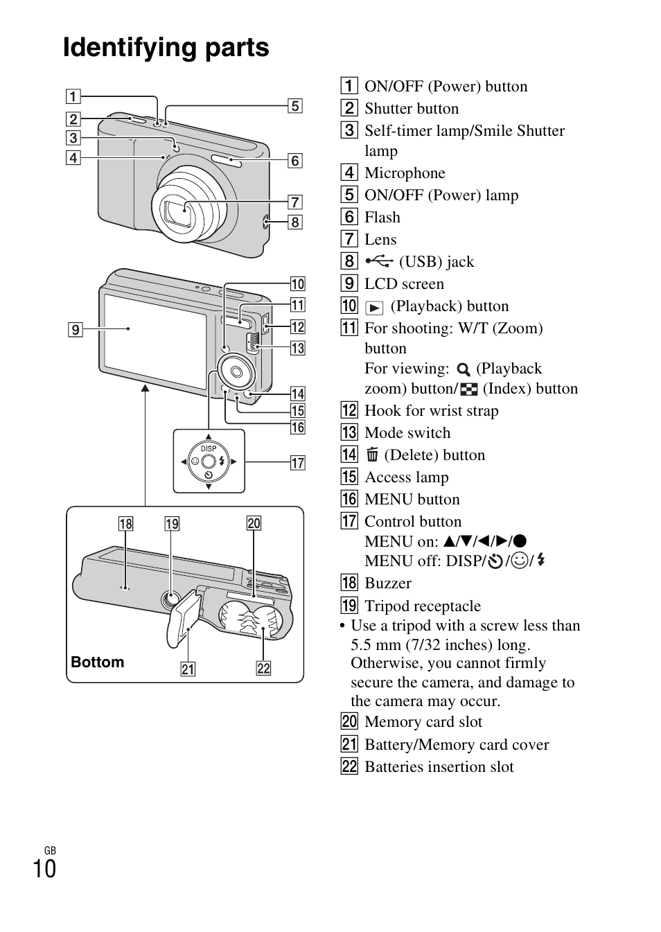 Identifying parts | Sony DSC-S2100 User Manual | Page 10 / 52