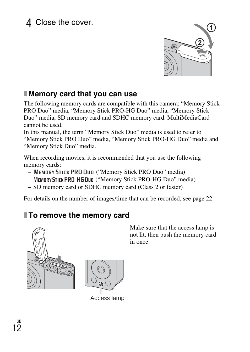 Close the cover | Sony DSC-S2100 User Manual | Page 12 / 52
